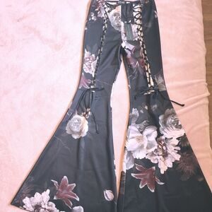 Dolls Kill Black Floral Lace-Up Flare Pants